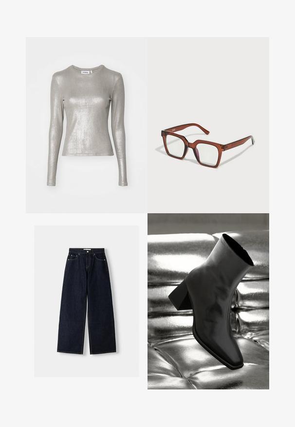 Faux fur cropped jacket in light beige, featuring a wide collar and long sleeves, with a soft, fluffy texture and no visible closures.; Silver long-sleeve top with a fitted design, made from shiny, metallic fabric. Features a round neckline and snug sleeves.; Dark blue denim wide-leg jeans with a high waist, five pockets, contrast stitching, and silver metal hardware. Smooth texture and clean finish.; Black ankle boot made of glossy material with a square toe and tapered heel, set against a shiny silver tufted background.; Brown oversized rectangular glasses with clear lenses and a slight pink tint on the right lens. Plastic frame with smooth texture.; Silver drop earrings with multiple clear rhinestones, featuring a cascading design and textured surfaces, set against a neutral background.