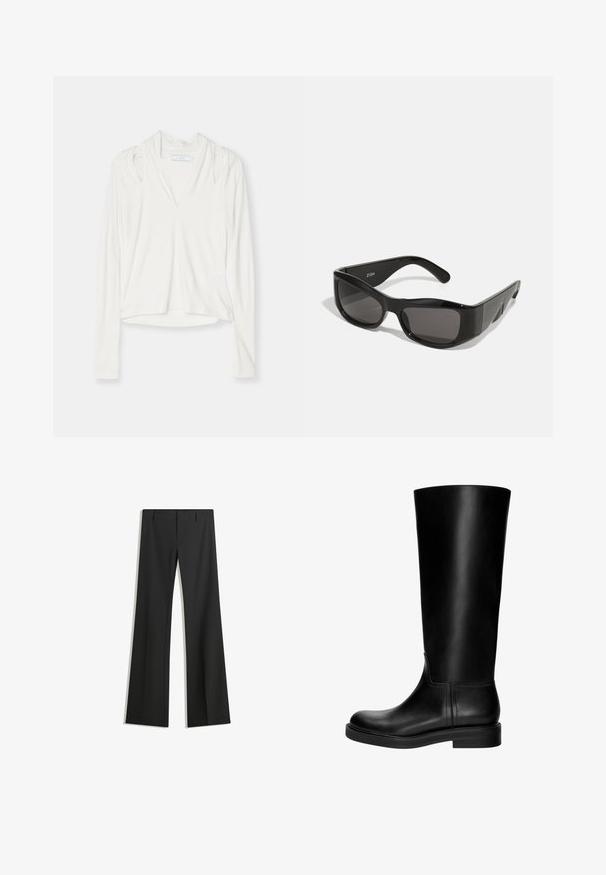 Giacca corta in pelliccia sintetica di un beige chiaro, con un ampio colletto e maniche lunghe, caratterizzata da una texture morbida e soffice e senza chiusure visibili.; Top bianco a maniche lunghe con scollatura a V, caratterizzato da spalle scoperte, una vestibilità comoda e un orlo che curva leggermente nella parte inferiore.; Pantaloni neri a gamba larga realizzati in tessuto liscio, con vita alta e linee pulite, senza motivi o decorazioni visibili.; Stivale in pelle nera al ginocchio con una texture liscia, punta rotonda, design sobrio e tacco a blocco basso. Nessuna hardware o motivo visibile.; Occhiali da sole neri rettangolari con lenti scure, realizzati in plastica lucida. La montatura presenta angoli definiti e un logo distintivo sul braccio.