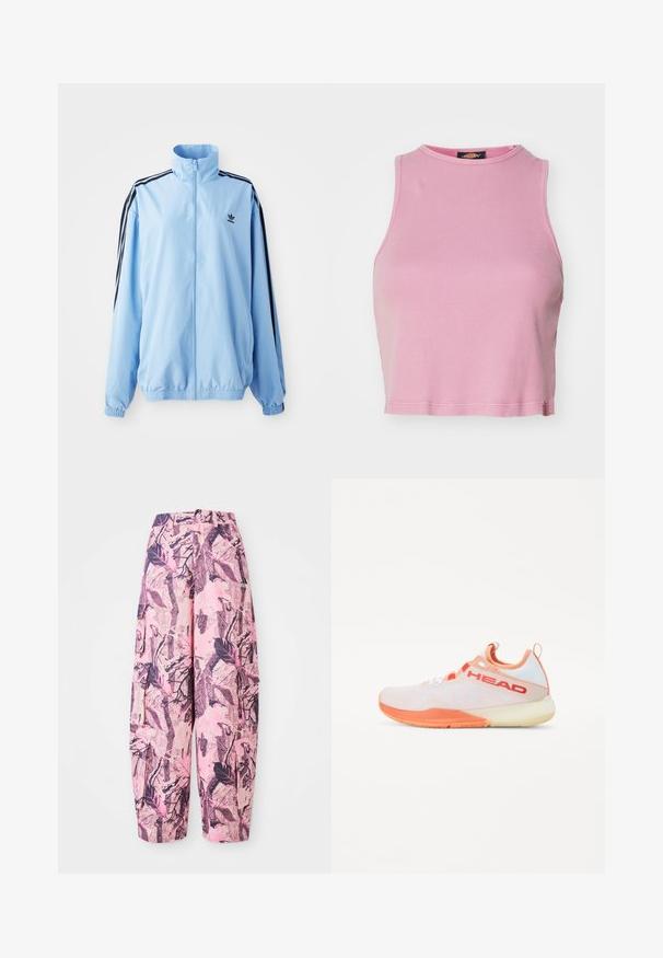 Chaqueta azul clara de nylon, con un cuello alto, franjas laterales negras, puños elásticos y un pequeño logo negro en el pecho.; Top corto de canalé rosa con cuello redondo y diseño sin mangas. Presenta un dobladillo que termina justo por encima de la cintura.; Los pantalones de pierna ancha, de colores rosa y púrpura, presentan un diseño de hojas y ramas, con una cintura alta y bolsillos laterales para mayor funcionalidad.; Zapatilla deportiva con un upper de malla ligera en blanco y durazno claro, con acentos naranjas, una suela texturizada y un logo de la marca destacado.