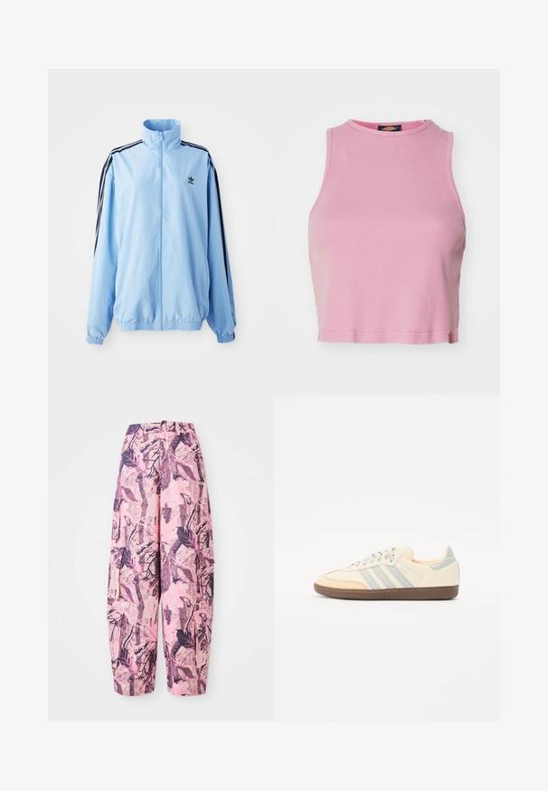 Svetlomodrá bunda vyrobená z nylonu, s vysokým golierom, čiernymi bočnými pruhmi, elastickými manžetami a malým čiernym logom na hrudi.; Ružový rebrovaný crop top s okrúhlym výstrihom a bezrukávovým dizajnom. Má lemovanie končiace tesne nad pásom.; Ružové a fialové široké nohavice s vzorom obsahujúce dizajn listov a vetvičiek, s vysokým pásom a bočnými vreckami pre väčšiu funkčnosť.; Tenisky s krémovým koženým zvrškom, svetlomodrými pruhmi a broskyňovými akcentmi. Majú štruktúrovanú hnedú gumovú podrážku a minimalistický dizajn.