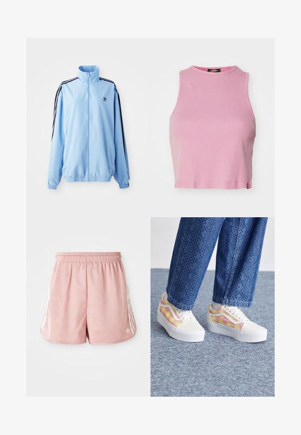 Veste bleu clair en nylon, avec un col montant, des bandes latérales noires, des poignets élastiques et un petit logo noir sur la poitrine.; Crop top rose à côtes avec un col rond et un design sans manches. Se termine juste au-dessus de la taille.; Shorts de sport roses avec une taille élastique, des détails en rayures blanches sur les côtés et un petit logo en bas à gauche à l'avant. Texture du tissu lisse.; Baskets plateformes avec un embout en toile blanche, un motif à carreaux multicolore en rose et jaune, et des semelles en caoutchouc blanches. Pantalons en denim texturé.