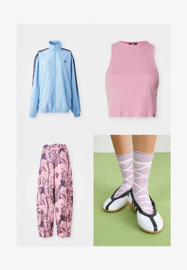 Lyseblå jakke laget av nylon, med høy krage, svarte side-striper, elastiske mansjetter og en liten sort logo på brystet.; Rosa ribbede crop top med rund halsringning og uden ærmer. Har en afslutning ved kanten, der slutter lige over taljen.; Rosa og lilla mønstrede vide bukser har et blad- og grenmønster, med høj talje og sidelommer for ekstra funktionalitet.; Hvite flate sko med svart kant og såle, kombinert med lys lilla ribbestrikkede sokker med hvite kryssreimer. Plassert på en grønn bakgrunn.