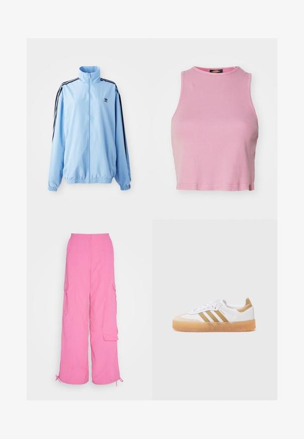 Hele sinine nailonist jakk, millel on kõrge krae, mustad küljeribad, elastsed mansetid ja rinnal väike must logo.; Roosa ribaga lühike topp ümmarguse kaeluse ja lühikeste varrukateta disainiga. Omab hemii, mis lõpeb just vöökoha kohal.; Roosa cargo pant, millel on lai jalgade disain, nupuga kinnitamine, mitmed küljetaskud ja reguleeritavad nööriga mansetid, valmistatud kergeainega.; Valge tennisekets, millel on beežid aktsendid, kolmerealine mustriga, ümar toe ja läbipaistev kummitald. Sile nahk ja tekstiilmaterjalid.