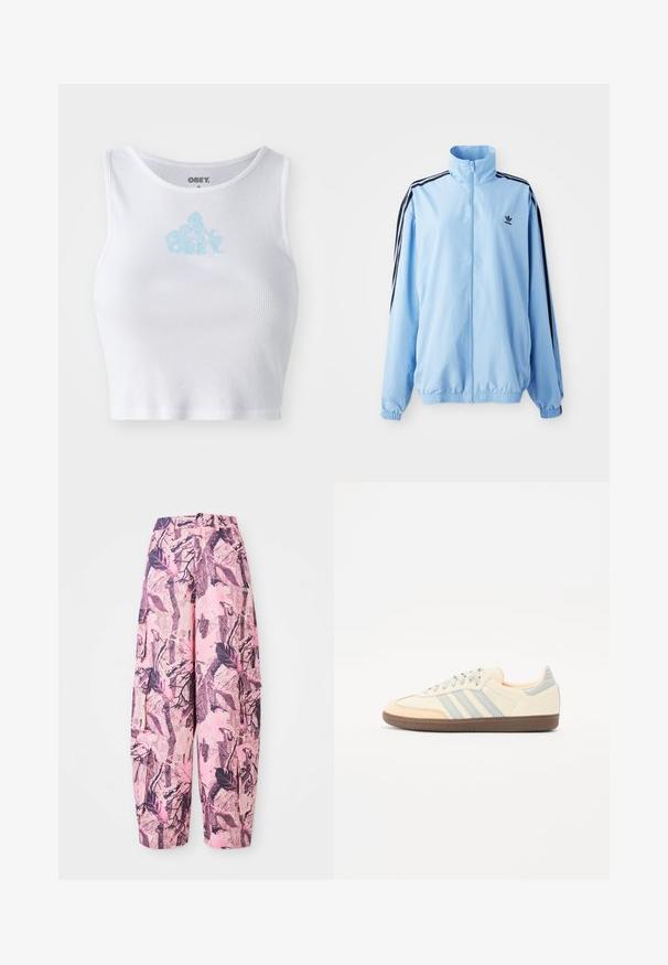 Jachetă albastră deschisă din nailon, cu guler înalt, dungi negre pe laterale, manșete elastice și un mic logo negru pe piept.; Top scurt alb cu textura dublată, decolteu rotund și un logo "OBEY" de culoare albastră deschisă centrat pe piept. Textură netedă și design ajustat.; Pantalonii largi cu un model roz și violet prezintă un design cu frunze și crengi, având talie înaltă și buzunare laterale pentru funcționalitate suplimentară.; Adidași cu un superior din piele crem, dungi albastre deschise și accente piersici. Prezintă o talpă din cauciuc texturat de culoare maro și un design minimalistic.