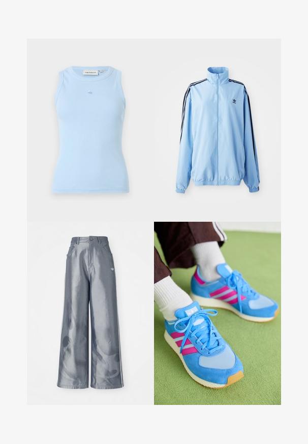 Giacca azzurro chiaro in nylon, con colletto alto, strisce nere ai lati, polsini elastici e un piccolo logo nero sul petto.; Top in maglia rigata blu chiaro con scollatura rotonda, design senza maniche e un piccolo logo sul petto. Realizzato in un materiale morbido e elastico.; Pantaloni a gamba larga in materiale grigio lucido, con strisce laterali bianche e un motivo a fiamma sulla parte inferiore delle gambe. Chiusura con bottone e zip in vita.; Scarpe sportive blu realizzate in suede e mesh, con strisce rosa, punta rotonda e suola in gomma testurizzata. I lacci sono di un blu chiaro.