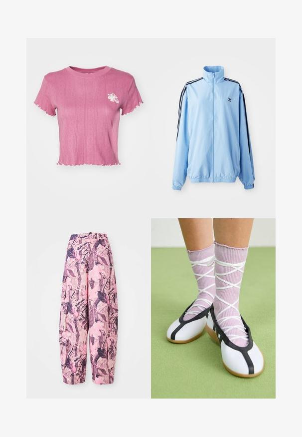 Hellblaue Jacke aus Nylon mit hohem Kragen, schwarzen Seitenteilen, elastischen Bündchen und einem kleinen schwarzen Logo auf der Brust.; Rosa, kurz geschnittenes T-Shirt mit geripptem Muster und gewellten Kanten. Verfügt über eine weiße Blumenstickerei auf der linken Brust. Leichter Stoff.; Rosa und lila gemusterte weite Beinkleider zeigen ein Blatt- und Astdesign, mit einer hohen Taille und seitlichen Taschen für zusätzliche Funktionalität.; Weiße flache Schuhe mit schwarzem Besatz und Sohle, kombiniert mit helllilanen, gerippten Socken mit weißen Überkreuz-Riemen. Auf einem grünen Hintergrund.