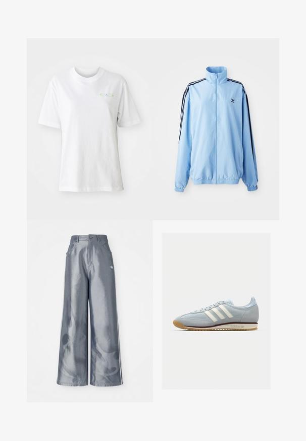 Light blue jacket made of nylon, featuring a high collar, black side stripes, elastic cuffs, and a small black logo on the chest.; White cotton T-shirt with a round neckline and short sleeves. Features a small colorful logo on the front. Smooth texture and casual fit.; Wide-leg pants in shiny gray material, featuring white side stripes and a flame pattern on the lower legs. Button and zipper closure at the waist.; Light blue suede sneaker with white three stripes, rubber sole, and textured mesh. Features a smooth toe cap and branding on the heel.