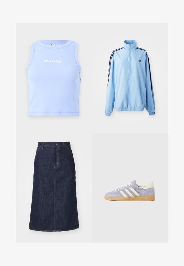 Lyseblå jakke lavet af nylon, med høj krave, sorte sidestropper, elastiske manchetter og et lille sort logo på brystet.; Lys blå ribbet tanktop med rund hals og "roxy" logo i hvid over brystet; tætsiddende design og cropped længde.; Mørk denimnederdel med høj talje, lige skæring, forlommer og stikninger. Har lynlås og knaplukning i taljen.; Lilla ruskindsneaker med tre hvide striber, gummisål og cremefarvede detaljer ved hælen og tungen. Minimalistisk design med logodetalje.