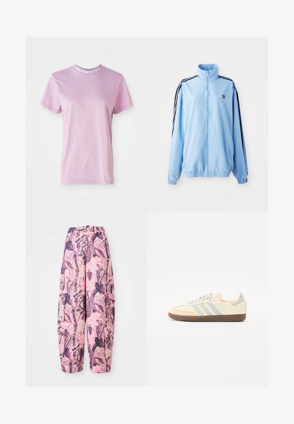 Hele sinine nailonist jakk, millel on kõrge krae, mustad küljeribad, elastsed mansetid ja rinnal väike must logo.; Hele roosa lühikeste varrukatega t-särk ümmarguse kaelusega, millel kaeluses valge kiri "THE NORTH FACE". Pehme puuvillane materjal.; Roosa ja lilla mustriga laiad püksid, millel on lehe- ja oksadisain, kõrge talje ning küljetaskud lisafunktsionaalsuse jaoks.; Kreemivärvi nahast ülemise osaga sneakersid, helebeežide triipude ja virsiku aktsentidega. Omab tekstuurset pruunist kummist tallat ja minimalistikku disaini.