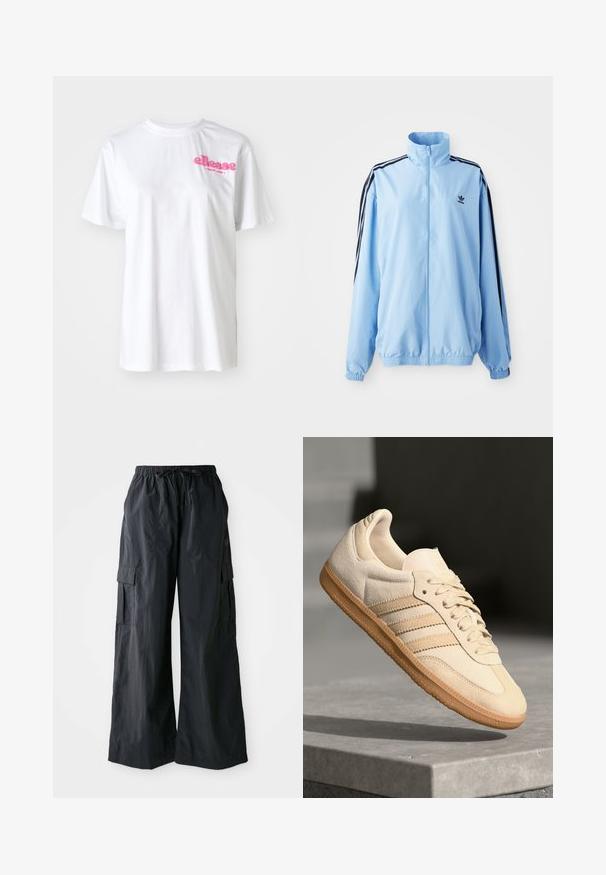 Šviesiai mėlyna džinsinė striukė, pagaminta iš nailono, su aukšta apykakle, juodais šonais, elastinėmis rankovėmis ir mažuoju juodu logotipu ant krūtinės.; Balta medvilnė marškinėliai su trumpomis rankovėmis, su rožiniu "ellesse" logotipu ant krūtinės. Klasikinio apvalaus iškirpimo dizainas.; Juodos kargo kelnės, pagamintos iš lengvos medžiagos, su plačiomis kojomis, elastingu juosmeniu ir keliais šoniais kišenėmis. Paprastos ir funkcionalios.; Šviesiai ruda veliūrinė sportinė avalynė su guminiais padais, trimis įstrižomis juostelėmis ir tekstūruotu pirštų apsauginiu. Ant liežuvio ir šono yra logotipas.