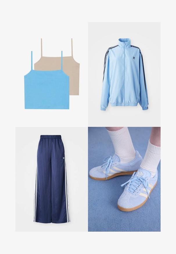 Svijetloplava jakna od najlona, s visokim ovratnikom, crnim bočnim trakama, elastičnim manžetama i malim crnim logotipom na prsima.; Even&Odd 2 PACK - Top - azure blue/simply taupe; Mornarsko plave hlače širokih nogavica s vertikalnim bijelim prugama, elastičnim pojasom i tri bijele pruge duž svake strane, izrađene od laganog materijala.; Svijetloplave velur tenisice s bijelim prugama, ravnim vezicama i gumiranim potplatom. Na nozi su iznad gležnja crvene čarape.
