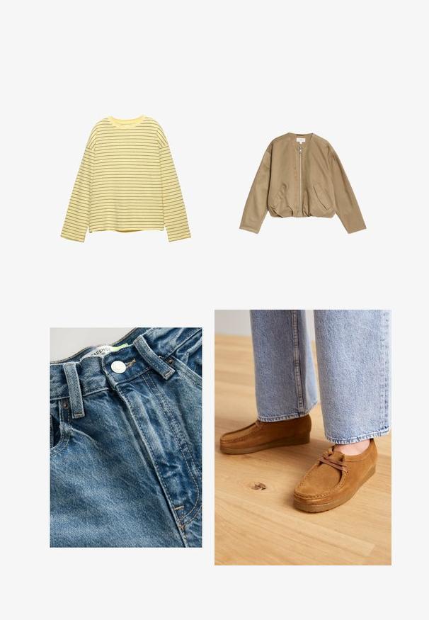 Tan bomberjack gemaakt van een gladde, lichte stof, met een rits aan de voorkant, twee zijzakken en een ronde halslijn met verzakte schouders.; Geel shirt met lange mouwen en horizontale donkergrijze strepen, ronde halslijn en een relaxte pasvorm. Gemaakt van zachte, lichte stof.; Denim jeans hebben een lichtblauwe kleur met whiskering details. De tailleband heeft een metalen knoop en zichtbare stiksels langs de naden.; Bruine suède schoenen met een ronde neus en een tan rubberen zool, voorzien van een simpel vetersysteem, gecombineerd met lichtblauwe denim broek.