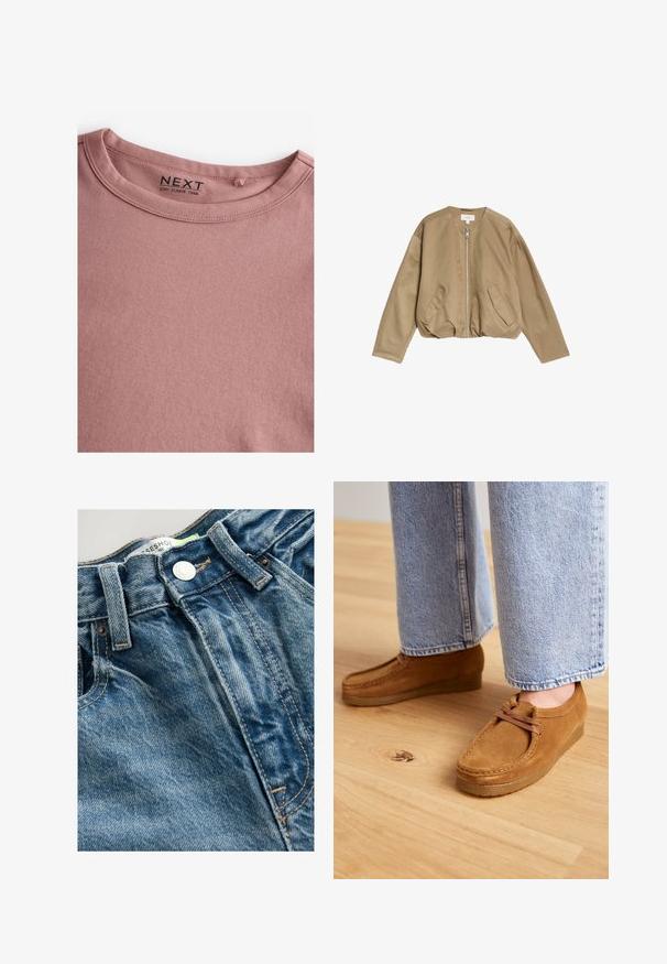 Tan bomberjakke lavet af glat, let materiale, med en frontlynlås, to sidelommer og en rund halsudskæring med sænkede skuldre.; Langærmet crew-neck t-shirt i støvet rosa, lavet af blød bomuld, med en enkel rund halsudskæring og en glat tekstur. Labelen lyder "NEXT."; Denimjeans har en lys blå farve med whiskeringdetaljer. Linningen inkluderer en metalknap og synlige sømme langs sømmene.; Brune ruskindsko med en rund tå og tanfarvet gummisål, der har et simpelt snørebåndsdesign, parret med lyseblå denimbukser.
