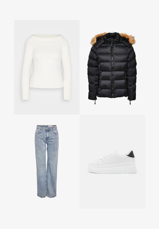 Zwarte pufferjas met een afneembare capuchon met bontafwerking, gestikte ontwerp en een ritssluiting aan de voorkant, voorzien van zijzakken en verstelbare koordjes.; Witte off-the-shoulder trui met lange mouwen, gebreide structuur en aansluitende pasvorm. Zacht, cozy stof zonder zichtbare patronen of accenten.; Lichtblauwe wijde jeans gemaakt van denim, met een hoge taille, vijf zakken en subtiele vervaging voor een versleten uitstraling.; Witte platform sneakers van glad synthetisch materiaal, met een afgeronde neus, vetersluiting en een gestructureerde rubberen zool. Zwarte hielaccent.