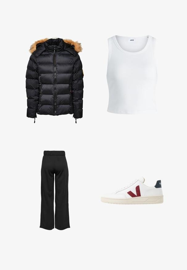 Black puffer jacket with a detachable fur-trimmed hood, quilted design, and zippered front, featuring side pockets and drawstring adjustments.; White ribbed tank top featuring a round neckline, sleeveless design, and a cropped length. Label reads "JJXX." Smooth fabric texture.; Black, wide-leg pants with an elastic waistband, made from smooth fabric. Features a clean design with no pockets or visible stitching details.; White leather sneaker with a burgundy 'V' logo, textured rubber sole, and navy accent on the heel; features classic lace-up design.