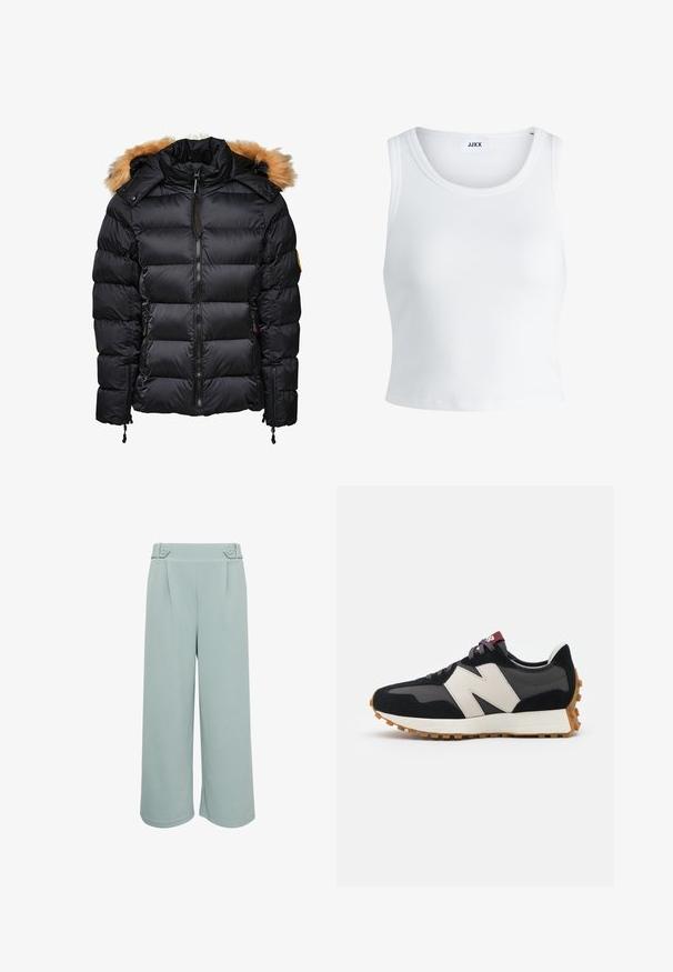 Zwarte pufferjas met een afneembare capuchon met bontafwerking, gestikte ontwerp en een ritssluiting aan de voorkant, voorzien van zijzakken en verstelbare koordjes.; Witte geribbelde tanktop met een ronde hals, zonder mouwen en een cropped lengte. Label draagt "JJXX." Gladde stoftextuur.; Lichtblauwe wijde broek met een zachte textuur, voorzien van twee voorplooien en decoratieve knoopaccenten op de tailleband.; Zwarte en grijze suède sneaker met een groot crèmekleurig "N"-logo, paarse veters en een gestructureerde rubberen zool van gum.
