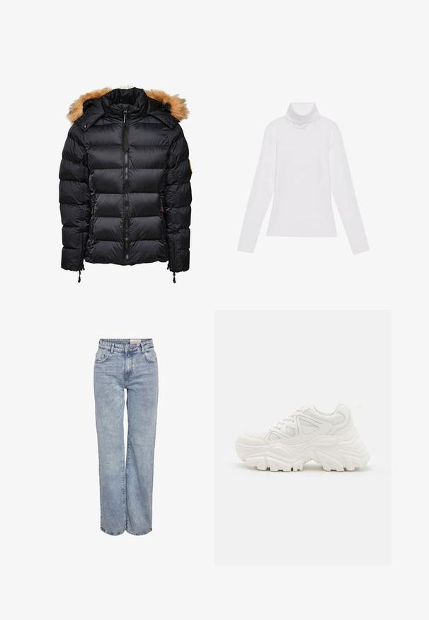 Chaqueta de plumas negra con capucha extraíble con borde de piel, diseño acolchado y cierre con cremallera en la parte delantera, con bolsillos laterales y ajustes de cordón.; Top blanco de manga larga y cuello alto, confeccionado en una tela suave y elástica. Presenta un diseño ajustado, sin patrones o adornos visibles.; Jeans de pernera ancha en azul claro, elaborados en denim, con cintura alta, diseño de cinco bolsillos y un ligero desvanecimiento que les da un aspecto usado.; Zapatillas deportivas blancas y gruesas con un upper texturizado, paneles de malla y suelas de goma gruesas con un patrón de relieve prominente. Incluyen cordones y una lengüeta.