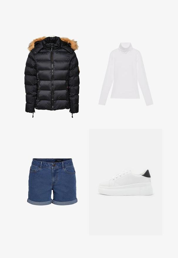 Musta puhvijakki irrotettavalla karvakauluksella, tikattu muotoilu ja vetoketjukiinnitys, jossa on sivutaskut ja kiristysnyörit.; Valkoinen pitkähihaisella poololla varustettu paita, joka on valmistettu sileästä ja joustavasta kankaasta. Ominaisuuksiin kuuluu korkeakauluksinen ja tiukka malli, ilman näkyviä kuvioita tai koristeita.; Tummansinisten farkkushortsien klassinen malli. Ominaisuuksiin kuuluu käännetyt lahkeet, kaksi etutaskua ja nappikiinnitys. Sileä pinta.; Valkoiset alustasneakerit, jotka on valmistettu sileästä synteettisestä materiaalista. Niissä on pyöreä kärki, nauhakiinnitys ja teksturoitu kumipohja. Musta kantakorko korostaa ilmettä.