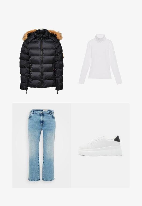 Černá péřová bunda s odnímatelnou kapucí s kožešinovým lemováním, prošívaný design a zapínání na zip, s bočními kapsami a šňůrkovými úpravami.; Bílý dlouhý rukáv rolák vyrobený z hladkého, elastického materiálu. Má vysoký límec a přiléhavý střih, bez viditelných vzorů nebo ozdob.; Světlé modré denimové džíny s rovný střih, vybavené zapínáním na knoflík, pěti kapsami a jemným odřením na kolenou.; Bílé platformové tenisky vyrobené z hladkého syntetického materiálu, s kulatou špičkou, šněrováním a texturovanou gumovou podrážkou. Černý akcent na patě.