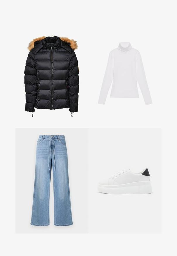 Zwarte pufferjas met een afneembare capuchon met bontafwerking, gestikte ontwerp en een ritssluiting aan de voorkant, voorzien van zijzakken en verstelbare koordjes.; Witte lange mouw turtleneck top gemaakt van glad, elastisch materiaal. Voorzien van een hoge kraag en een getailleerd ontwerp, zonder zichtbare patronen of versieringen.; Lichtblauwe wijde denim jeans met een geknoopt tailleband, voorzakken en een klassiek ontwerp met vijf zakken met subtiele vervaging.; Witte platform sneakers van glad synthetisch materiaal, met een afgeronde neus, vetersluiting en een gestructureerde rubberen zool. Zwarte hielaccent.
