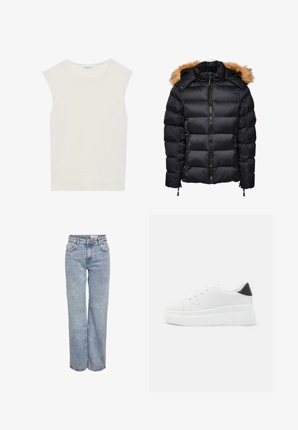 Schwarze Daunenjacke mit abnehmbarem Fellkragen, gestepptem Design und Reißverschluss vorne, ausgestattet mit seitlichen Taschen und Kordelzügen zur Anpassung.; Weißes ärmelloses Top mit rundem Ausschnitt. Hergestellt aus glattem Stoff, hat es einen lässigen Schnitt und minimalistisches Design. Keine Muster oder Akzente.; Hellblau weite Jeans aus Denim, mit hoher Taille, fünf Taschen-Design und subtilen Ausbleichungen für einen eingesessenen Look.; Weiße Plateausneaker aus glattem Kunstmaterial, mit runder Zehenform, Schnürdesign und einer strukturierten Gummisohle. Schwarzer Fersenakzent.