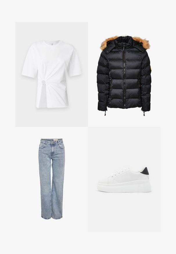 Svart puffjacka med avtagbar huva i päls, quiltat mönster och dragkedja fram, med sidofickor och dragsnören för justering.; Vit bomullströja med korta ärmar, med en samlad detalj i mitten och en cirkulär utskärning samt metalliska detaljer vid midjan.; Ljusblå vida jeans i denim med hög midja, femficksdesign och subtila blekningar för en använd look.; Vita plattformssneakers gjorda av slät syntetiskt material, med rund tå, snörningsdesign och en texturerad gummisula. Svart hälaccent.