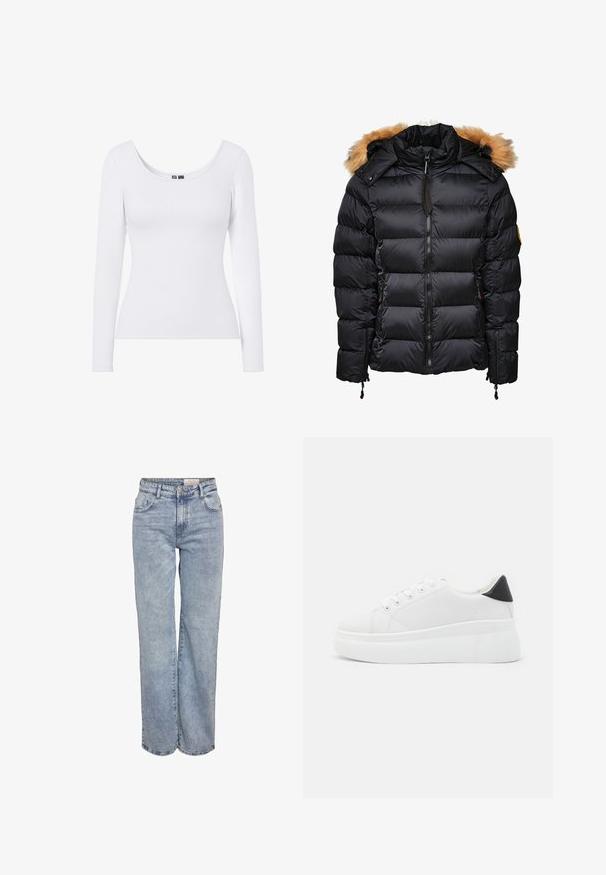 Schwarze Daunenjacke mit abnehmbarem Fellkragen, gestepptem Design und Reißverschluss vorne, ausgestattet mit seitlichen Taschen und Kordelzügen zur Anpassung.; Weißes langärmliges Oberteil mit rundem Ausschnitt und geripptem Textur, entworfen für eine figurbetonte Silhouette. Keine Muster oder Akzente.; Hellblau weite Jeans aus Denim, mit hoher Taille, fünf Taschen-Design und subtilen Ausbleichungen für einen eingesessenen Look.; Weiße Plateausneaker aus glattem Kunstmaterial, mit runder Zehenform, Schnürdesign und einer strukturierten Gummisohle. Schwarzer Fersenakzent.