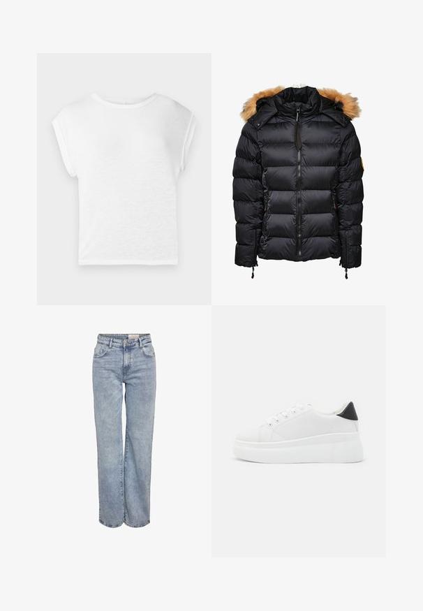 Crna puffer jakna s odvojivim kapuljačom obrezanom krznom, okretnim dizajnom i zatvaračem sprijeda, s bočnim džepovima i podešavanjima uzicom.; Bijela kratka majica s kratkim rukavima i okruglim dekolteom. Mekan, lagan materijal, opušteni kroj, s kratkim rukavima i ravnim rubom.; Svijetloplave široke traperice napravljene od denima, s visokim strukom, dizajnom od pet džepova i suptilnim izbljeđivanjem za izgled nošenih traperica.; Bijele platforme tenisice napravljene od glatkog sintetičkog materijala, s okruglim vrhom, dizajnom s vezanjem i teksturiranom gumenom potplatom. Crni detalj na peti.