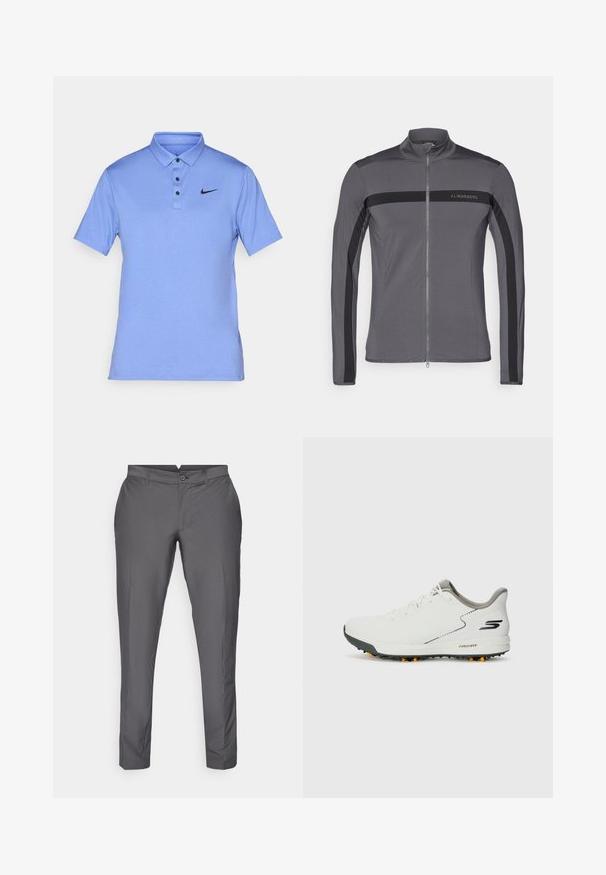 Szürke sportos dzseki magas gallérral, teljes cipzárral elöl, fekete oldalsó csíkokkal és logó részletezéssel. Simább, rugalmas anyagból készült.; Világoskék pólóing sima anyagból, hegyes gallérral, három gombbal és egy kis fekete Nike logóval a bal mellen.; Szürke nadrág sima anyagból. Jellemzője a testhez álló szabás, lapos elülső résszel, övbujtókkal és gombos záródással. Klasszikus dizájn.; Fehér sportcipő sima felsőrésszel, szürke kiegészítőkkel és texturált fekete talppal, amelyen narancssárga tüskék találhatók. Könnyű, kényelemre összpontosító kialakítás.