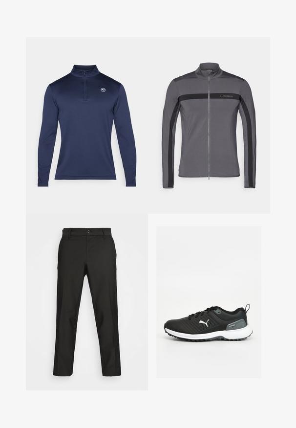 Siva športna jakna z visokim ovratnikom, polnim zadrgo spredaj, črnimi stranskimi črtami in podrobnostmi logotipa. Narejena iz gladkega, raztegljivega materiala.; Temno modra polo majica z dolgimi rokavi, z ovratnikom na pol zadrgo, teksturirano tkanino in majhnim logotipom na levi strani prsnega koša.; Črne hlače iz gladkega materiala s ravnim krojem, opremljene z zgornjim gumbom in zadrgo, zasnovane s stranskimi žepi.; Črne atletske čevlje s teksturiranim zgornjim delom, belim podplatom s sivimi detajli in izrazitim logotipom blagovne znamke na strani.