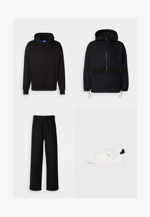 Casaco preto com capuz, apresentando um fecho de correr e texturas mate contrastantes nos ombros e no peito. Cordão ajustável na parte inferior.; Sweatshirt preto em algodão, com bolso frontal, cordões e um pequeno logo azul no peito. Textura suave, ajuste regular.; Calças pretas feitas de tecido suave, apresentando um design de perna reta, pregas frontais e um fecho com um único botão na cintura.; Sapatilhas brancas com detalhes em rosa claro e preto, apresentando painéis de couro liso e camurça, biqueira redonda e sola de borracha plana.