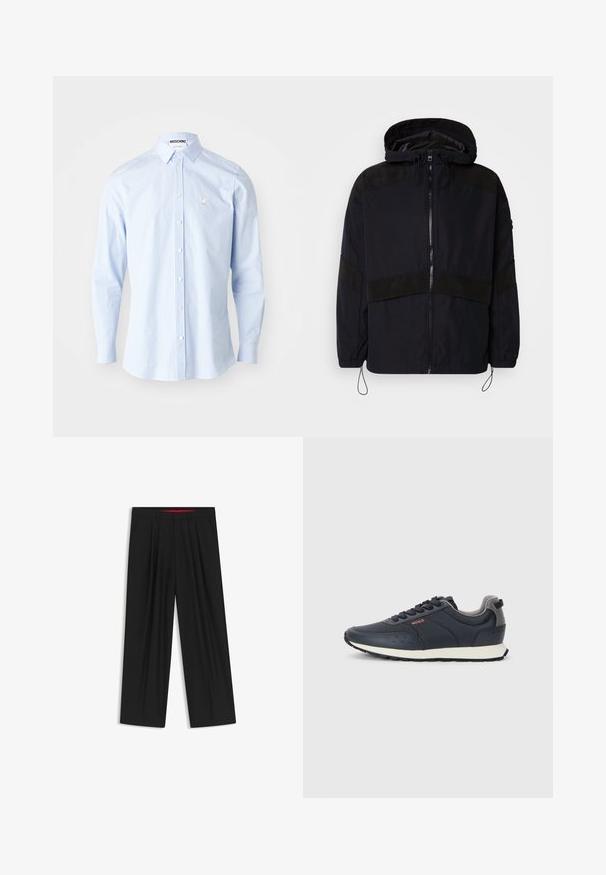 Zwarte jas met een capuchon, voorzien van een ritssluiting en contrasterende matte texturen over de schouders en borst. Verstelbare trekkoord aan de onderkant.; Blauw-wit gestreepte langemouwhemd van stof met een button-down kraag en een klein geborduurd ontwerp aan de linkerkant.; Zwarte wijde broek met een vlakke voorkant, twee zijzakken, geplooid ontwerp en een contrasterende rode binnenband.; Marineblauwe sneakers met een gladde synthetische bovenkant, ronde neus, grijze accenten, vetersluiting en een witte tussenzool met een gestructureerde zwarte buitenzool.