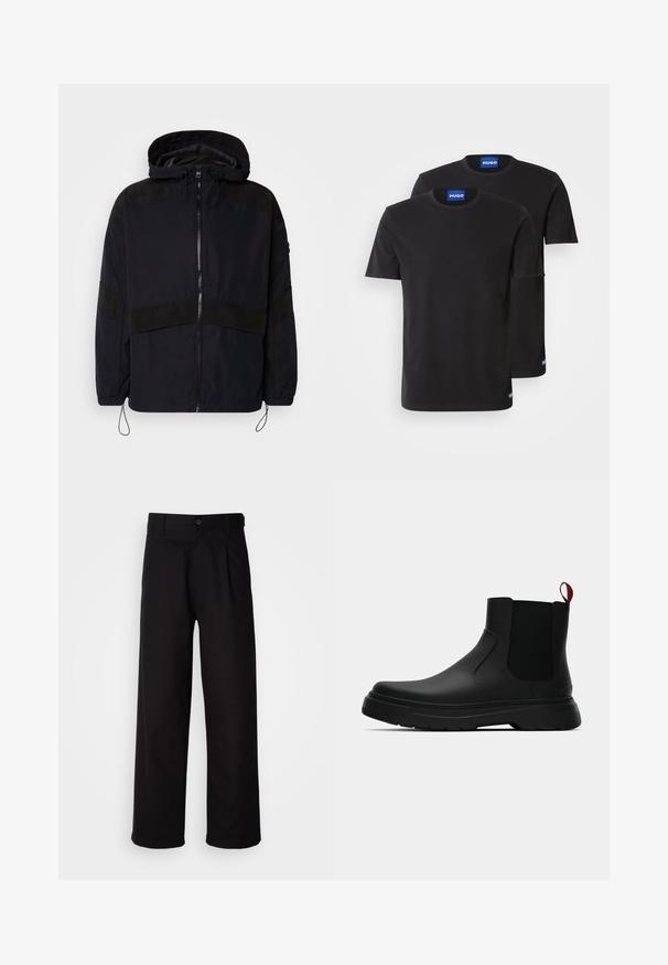 Czarna kurtka z kapturem, z zamkiem błyskawicznym oraz kontrastowymi matowymi teksturami na ramionach i klatce piersiowej. Regulowany sznurek u dołu.; Dwie czarne bawełniane koszulki z okrągłymi dekoltami, krótkimi rękawami oraz niebieskimi metkami "HUGO" na kołnierzach i bocznych brzegach.; Czarne spodnie wykonane z gładkiego materiału, o prostym kroju nogawek, z fałdami z przodu i pojedynczym zapięciem na guzik w talii.; Czarny botek za kostkę o gładkim wykończeniu, z elastycznymi bocznymi panelami i kontrastującą czerwoną pętelką, z grubą gumową podeszwą i zaokrąglonym noskiem.