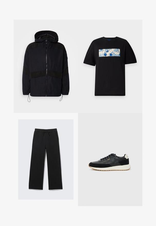 Zwarte jas met een capuchon, voorzien van een ritssluiting en contrasterende matte texturen over de schouders en borst. Verstelbare trekkoord aan de onderkant.; Zwarte katoenen t-shirt met een rechthoekige grafiek in blauw en crèmekleur met cirkelvormige patronen en krabbels, ontworpen voor een relaxte pasvorm.; Zwarte wijde sweatpants gemaakt van een zachte stof. Voorzien van een elastische tailleband met een trekkoord en zijzakken. Glad textuur.; Zwarte sneaker met een mix van gestructureerd leer en suede, met een witte tussenzool en een gumrubberen buitenzool. Veters in bijpassend zwart.