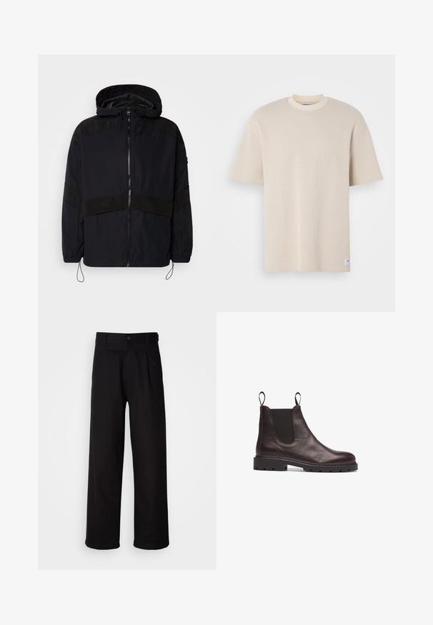 Casaco preto com capuz, apresentando um fecho de correr e texturas mate contrastantes nos ombros e no peito. Cordão ajustável na parte inferior.; T-shirt bege com nervuras, de gola redonda e mangas curtas, apresentando um rótulo da marca visível no canto inferior esquerdo.; Calças pretas feitas de tecido suave, apresentando um design de perna reta, pregas frontais e um fecho com um único botão na cintura.; Bota Chelsea de couro castanho com painéis laterais elásticos, acabamento texturizado e sola de borracha preta resistente com entalhes para aderência.