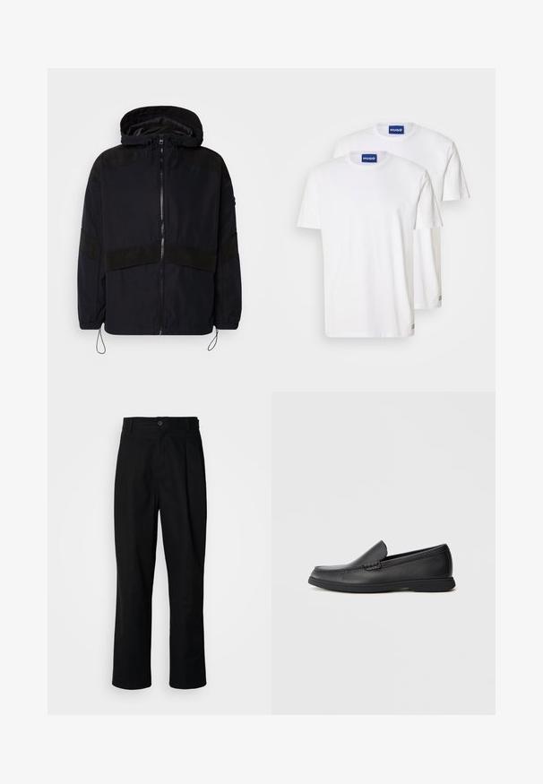 Musternahk, mille on kapuuts, millel on tõmblukk ja kontrastsed mattpinnad õlgadel ja rinnal. Reguleeritav kinnitus allääres.; Valged puuvillased T-särgid, millel on ümar kaelus ja lühikesed varrukad, kaelustel on sinised "HUGO" sildid ja väiksed detailid ääres.; Mustad sirged püksid nuppudega vöökoht, vöölõngad ja eesmine voldik, esitatud lihtsa valge tausta ees.; Mustast nahast slip-on loafer, millel on tekstureeritud ülemine osa, ümar varvas, madal konts ja kummist tallad, esitatud külgprofiilis valgel taustal.