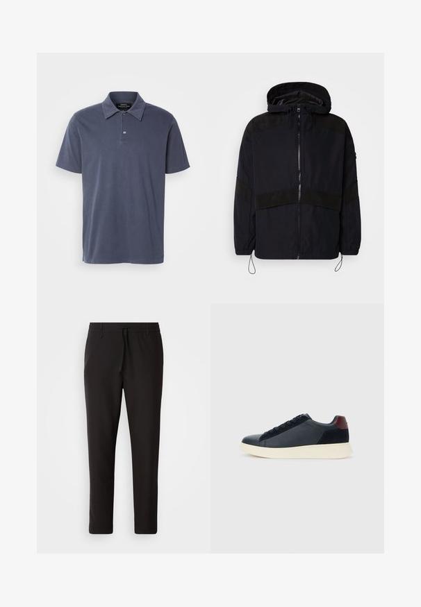 Schwarze Jacke mit Kapuze, ausgestattet mit einem Reißverschluss und kontrastierenden matten Texturen im Schulter- und Brustbereich. Verstellbarer Kordelzug am Saum.; Dunkelblaues Kurzarm-Polohemd aus weichem Stoff, mit klassischem Kragen, zwei Knöpfen und dezenten Seitenschlitzen.; Schwarze Jogginghose aus glattem Stoff. Mit einem elastischen Bund und Kordelzug, schmal zulaufenden Beinen und ohne sichtbare Taschen. Einfaches Design.; Schwarze Leder- und Wildledersneaker für Herren mit einem ziegelroten Fersenpatch und weißer Gummisohle, von der Außenseite betrachtet.