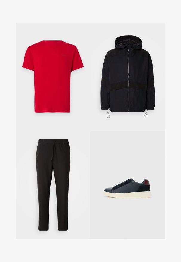Čierna bunda s kapucňou, vybavená zipsom a kontrastnými matnými textúrami na pleciach a hrudi. Nastaviteľná šnúrka v spodnej časti.; Červené tričko s okrúhlym výstrihom, krátkymi rukávmi, vyrobené z bavlnenej látky s hladkou textúrou, má malé čierne logo potlačené na hornej časti chrbta.; Čierne jogger nohavice vyrobené z hladkej tkaniny. Majú elastický pás s šnúrkou, zúžené nohavice a žiadne viditeľné vrecká. Jednoduchý dizajn.; Pánske nízkopoložené tenisky z čiernej kože a semisuku s vínovým pätovým pásikom a bielou gumovou podrážkou, zobrazené z vonkajšej strany.