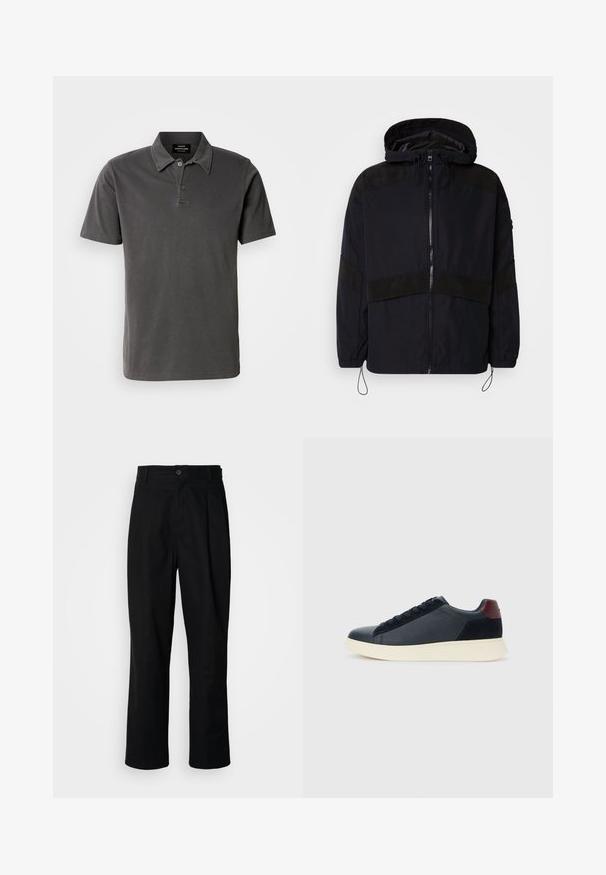Svart jakke med hette, med glidelås lukking og kontrasterende matte teksturer over skuldrene og brystet. Justerbar snor i nederkanten.; Mørk grå polo-skjorte laget av myk bomull. Har krage med to knapper, korte ermer og rett nederkant.; Sorte bukser med rette ben, med knappet liv, belteholdere og frontfold, vist mot en enkel hvit bakgrunn.; Lave herresko i sort læder og ruskind med maroon hælflap og hvid gummisål, set fra ydersiden.