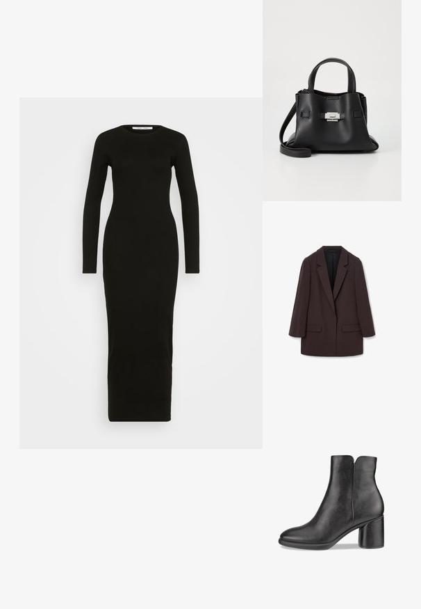 Blazer oversize marrone con rever a scialle, due tasche frontali e una trama liscia, caratterizzato da una chiusura a un bottone e una silhouette rilassata.; Abito in jersey nero a maniche lunghe con scollatura tonda, silhouette aderente e lunghezza alla caviglia. Texture liscia, senza pattern o decorazioni.; Stivale alla caviglia in pelle nera con punta rotonda, tacco medio a blocco e superficie liscia. Presenta un retro scollato e un design minimalista.; Borsa a tracolla in pelle nera con finitura textured, dotata di due manici superiori, una tracolla rimovibile e un dettagli di chiusura in argento.