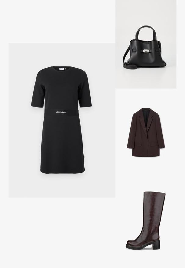 Brun oversized blazer med sjal-krage, to frontlommer og en glattere tekstur, med en enkelt knapp lukking og avslappet silhuett.; Sort kortermet kjole til kneet med rund hals og "JOOP! JEANS"-logo trykt på midjebåndet.; Brune knelang støvel med et strømlinjeformet design, kraftig hæl og glat skinnfinish, vist på en hvit bakgrunn.; Svart skinnveske med teksturert overflate, som har to håndtak på toppen, en avtagbar skulderrem og detaljer med sølvspenne.