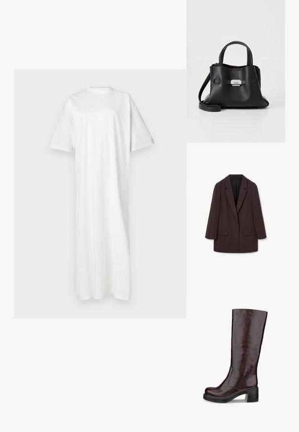 Brun överdimensionerad kavaj med sjalkrag, två framfickor och en slät textur, med en enkelknäppning och avslappnad silhuett.; Vit, midjelång klänning i mjuk bomull med rund halsringning och korta ärmar; har en avslappnad passform och en rak silhuett.; Brun knähög stövel med en stilren design, rejäl klack och slät läderfinish, uppvisad mot en vit bakgrund.; Svart läderhandväska med en texturerad yta, utrustad med två ovandelar, en avtagbar axelrem och en detalj med silverlås.