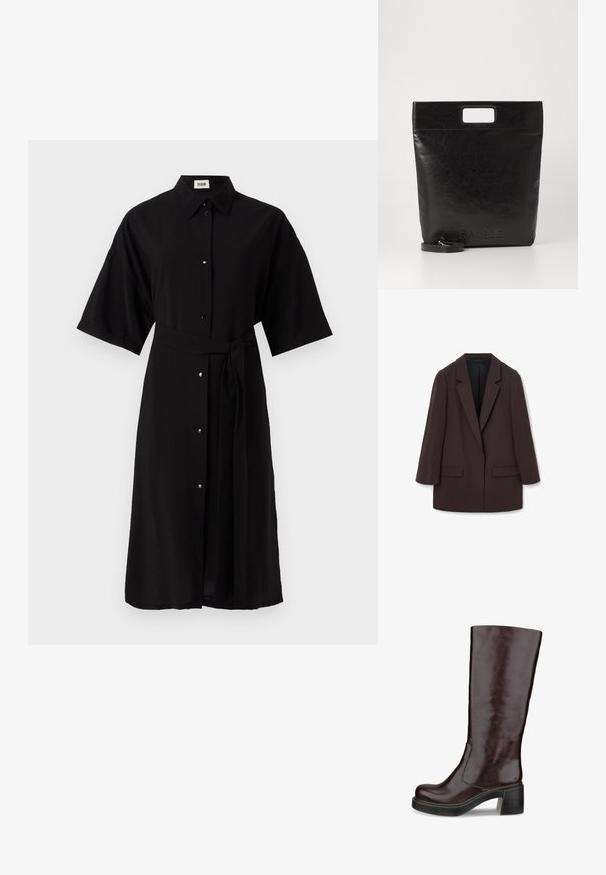 Blazer castanho oversized com lapelas em xale, duas bolsos frontais e uma textura suave, apresentando um fecho de botão único e uma silhueta descontraída.; Vestuário preto de camisa feito de tecido leve, apresentando um colarinho, mangas curtas, botões à frente e um cinto do mesmo tecido.; Bota castanha até ao joelho com um design elegante, salto chunky e acabamento em couro liso, exibida sobre um fundo branco.; Saco tote de couro preto com uma pega quadrada, apresentando um acabamento texturizado e logotipo em relevo. Inclui uma alça destacável.