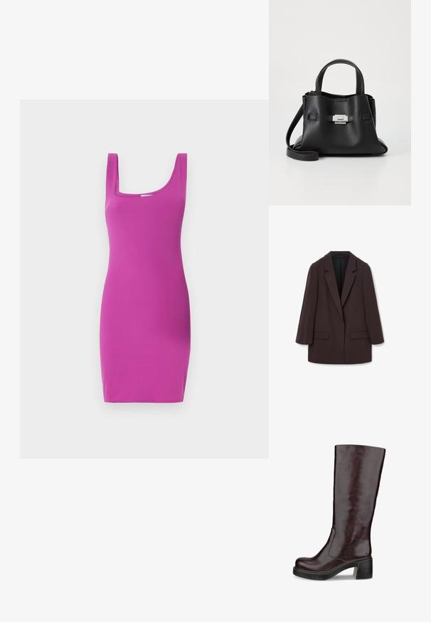 Brązowy oversize'owy żakiet z wyłogami w kształcie szala, dwoma przednimi kieszeniami i gładką teksturą, z zapięciem na pojedynczy guzik i luźnym krojem.; Dopasowana sukienka bez rękawów w intensywnym różowym kolorze z kwadratowym dekoltem i gładką fakturą. Projekt charakteryzuje się sylwetką bodycon i minimalną ilością detali.; Brązowy, wysoki but na kolano o eleganckim designie, masywnym obcasie i gładkim wykończeniu ze skóry, prezentowany na białym tle.; Czarna skórzana torebka z teksturowanym wykończeniem, wyposażona w dwie górne rączki, odczepiany pasek na ramię oraz detal w postaci srebrnego zapięcia.