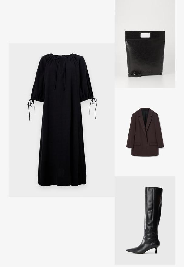 Brun överdimensionerad kavaj med sjalkrag, två framfickor och en slät textur, med en enkelknäppning och avslappnad silhuett.; Svart, löst sittande klänning med rundad halsringning, samlade ärmar och knytdetaljer vid ärmsluten. Tillverkad av lättviktigt tyg. Enfärgad.; Svart läderknähigh boot med spetsig tå och smal, böjd klack. Slät textur, åtsittande design och ingen synlig hårdvara eller mönster.; Svart läder tote-väska med ett fyrkantigt handtag, med en texturerad yta och präglad logotyp. Inkluderar en avtagbar rem.