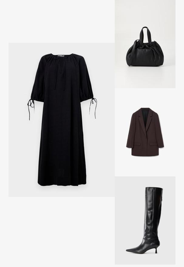 Ruskea ylipitkä bleiseri, jossa on huppu-lapelsit, kaksi etutaskua ja sileä rakenne, yksi nappikiinnitys ja rento siluetti.; Mustapohjainen, löysä mekko, jossa on pyöreä pääntie, ker gathered hihat ja sidontayksityiskohdat hihansuissa. Valmistettu kevyestä kankaasta. Yksi väri.; Mustat nahkasaappaat polvipituisina, joissa on terävä kärki ja kapea kaareva korko. Suora pinta, tiukka muotoilu eikä näkyvää hardwarea tai kuvioita.; Musta nahkabag, jossa on kerätty yläosa. Varustettu kahdella lyhyellä kantokahvalla ja pitkällä säädettävällä hihnalla. Sileä pinta, pyöreä muoto.