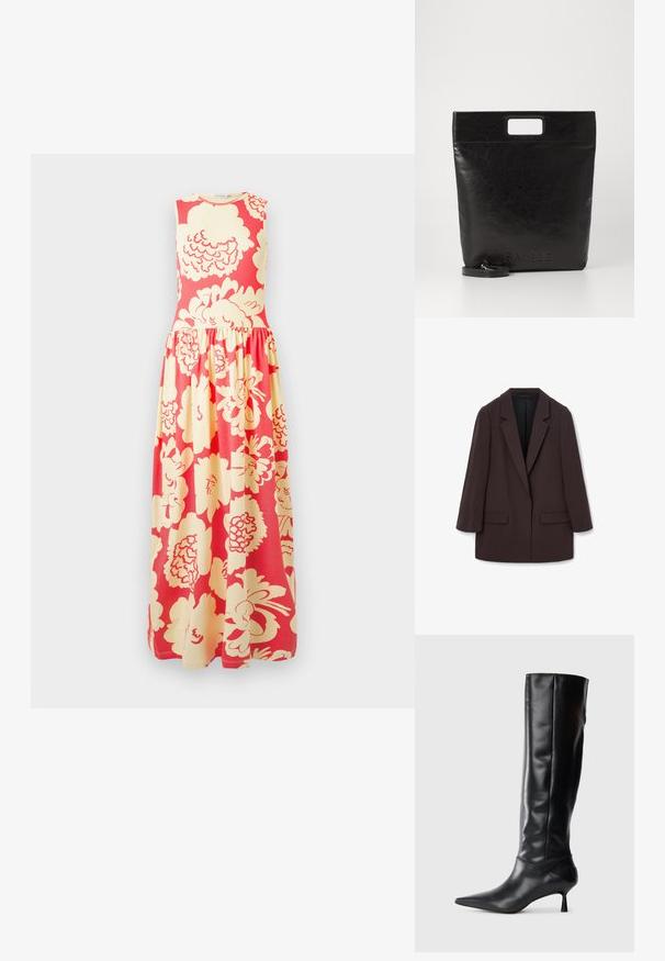 Brauner übergroßer Blazer mit Schalkragen, zwei vorderen Taschen und glatter Textur, ausgestattet mit einem Ein-Knopf-Verschluss und lässiger Silhouette.; Ärmelloses Maxikleid mit figurbetontem Oberteil und gerafftem Rock, versehen mit einem großen cremefarbenen Blumenmuster auf leuchtend korallfarbenem Hintergrund.; Schwarze Lederstiefel bis zum Knie mit spitzem Zehenbereich und schmalem, geschwungenem Absatz. Glatte Textur, enganliegendes Design und keine sichtbaren Beschläge oder Muster.; Schwarze Leder-Tote-Tasche mit einem quadratischen Griff, ausgestattet mit einer strukturierten Oberfläche und geprägtem Logo. Inklusive abnehmbarem Tragegurt.