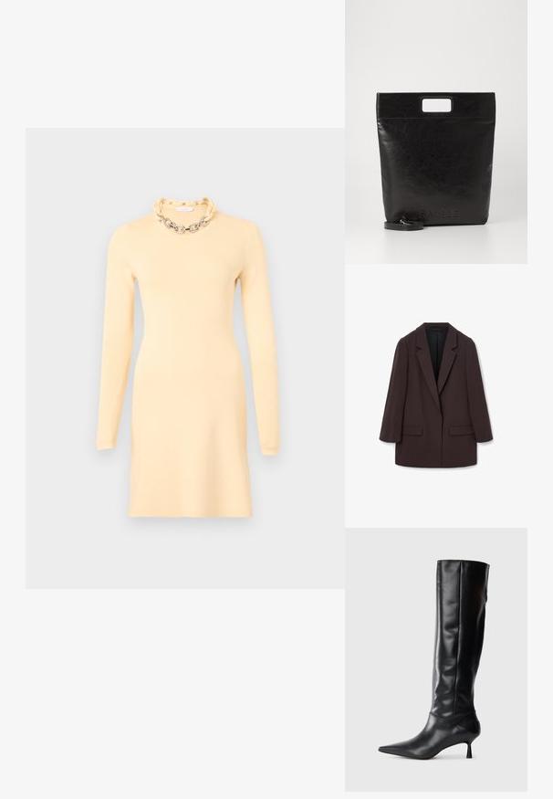 Ruskea ylipitkä bleiseri, jossa on huppu-lapelsit, kaksi etutaskua ja sileä rakenne, yksi nappikiinnitys ja rento siluetti.; Rabanne Kotelomekko - cream; Mustat nahkasaappaat polvipituisina, joissa on terävä kärki ja kapea kaareva korko. Suora pinta, tiukka muotoilu eikä näkyvää hardwarea tai kuvioita.; Musta nahkainen kassi neliskulmaisella kahvalla, jossa on teksturoitu pinta ja kohokuvioitu logo. Mukana irrotettava olkahihna.