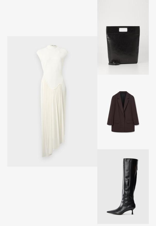 Blazer maro supradimensionat cu rever tip șal, două buzunare frontale și o textură netedă, având un închizător cu un singur buton și o siluetă relaxată.; Rochie lungă, asimetrică, din material alb, cu guler înalt și fustă adunată și fluidă pe o parte. Textură netedă și design minimalist.; Botine negre din piele, până la genunchi, cu vârf ascuțit și toc subțire, curbat. Textură netedă, design ajustat și fără elemente de prindere sau modele vizibile.; Geantă tote din piele neagră, cu un mâner pătrat, având un finisaj texturat și un logo embosat. Include o curea detasabilă.