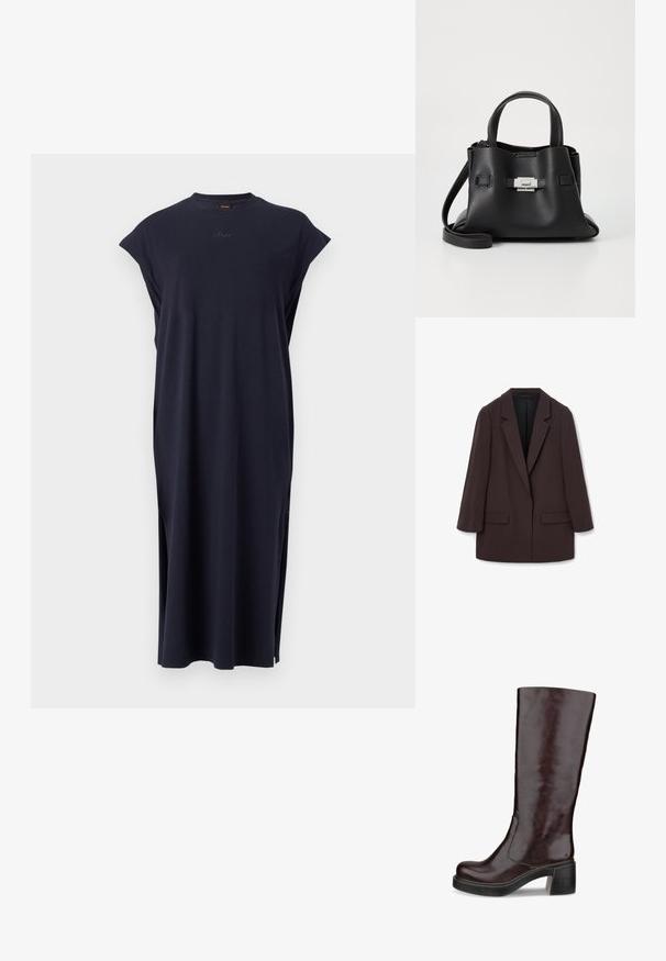 Rudas didelis bleizeris su šalikais, dviem priekinėmis kišenėmis ir lygiu paviršiumi, turintis vieno mygtuko užsegimą ir laisvą siluetą.; Tamsiai mėlynas medvilninis suknelė su trumpomis rankovėmis, apvaliu iškirpimu, šoninėmis plyšėmis ir subtiliu išsiuvinėjimu ant krūtinės. Paprasta, tiesi forma.; Rudi ikių ilgio batai su elegantišku dizainu, stambiu kulnu ir lygiu odos paviršiumi, eksponuojami prieš baltą foną.; Juodas odinis rankinės su tekstūruota apdaila, turintis dvi viršutinės rankenos, nuimamą peties diržą ir sidabrinį užsegimą.